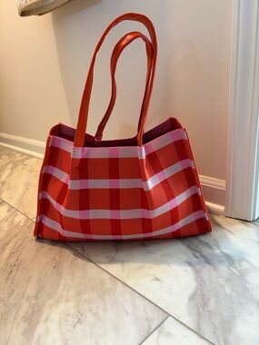 Neiman Marcus Red & Pink Plaid Tote  AND Lemon and Light Blue Tote